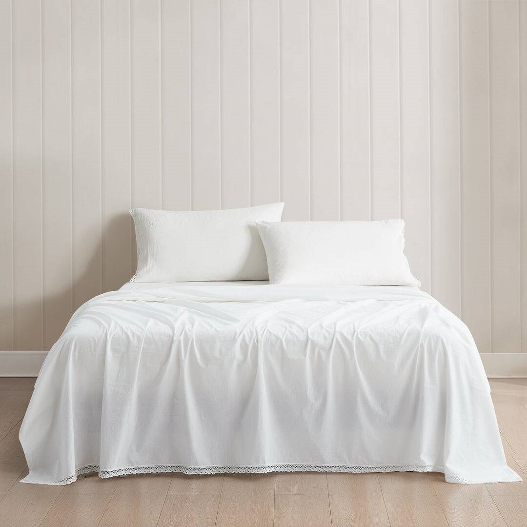 4-Piece White Cotton Sheet Set with Lace Trim King Queen Size Soft Breathable Bedding