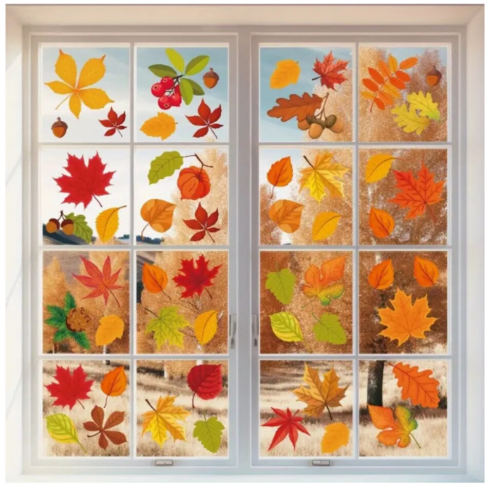64pcs Double-Sided Electrostatic Autumn Window Stickers – Reusable Waterproof Fall Decorations for Windows, Classrooms & Home