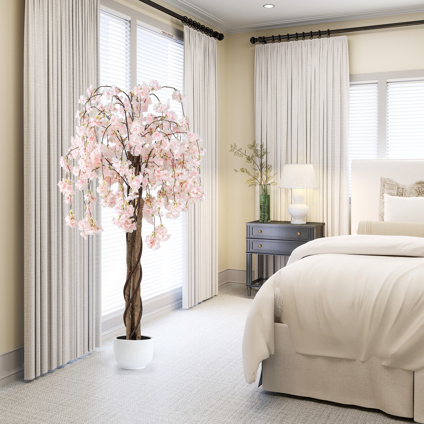 White Polyester Cherry Blossom Tree 65 inches with Solid Wood Pot