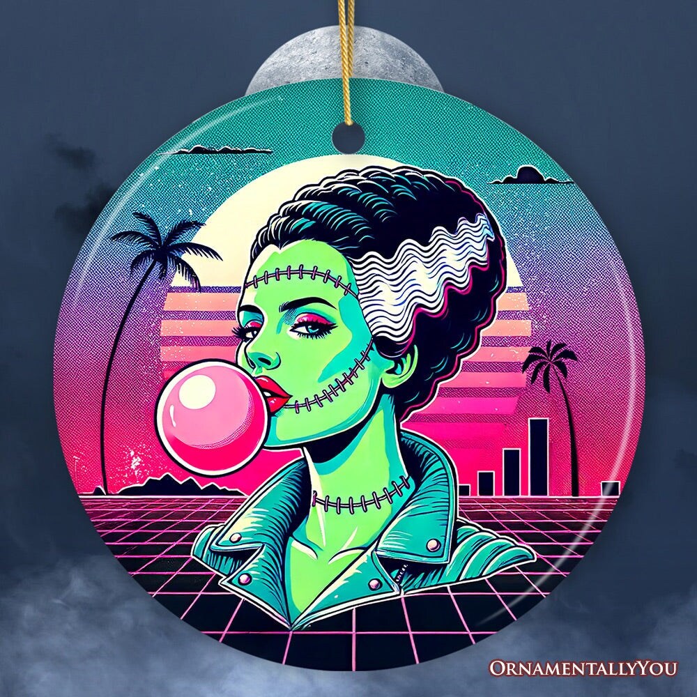 Vaperwave Mrs Frankenstein Retro Neon Horror Ornament, Synthwave 80&#x27;s Styled Classic Halloween Gift and Decor