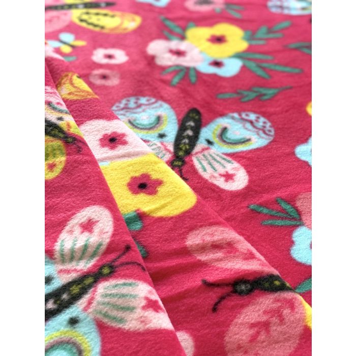 Butterfly and Flowers Pink Anti-Pill Fleece Fabric | By The Yard
