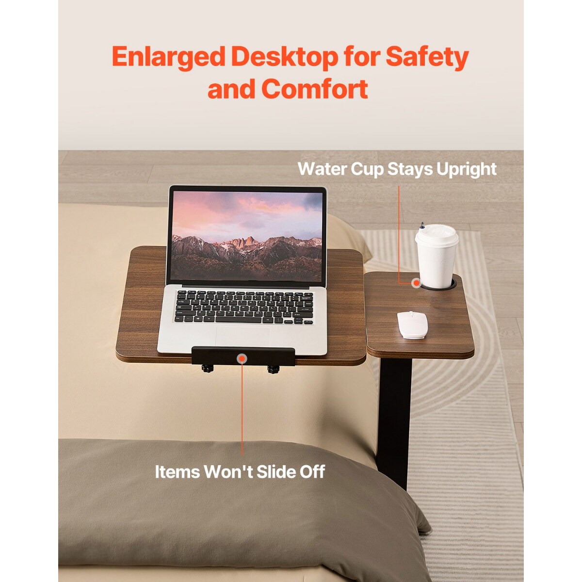 Mobile Bedside Desk with 4 Wheels and Cup Holder for Home or Office