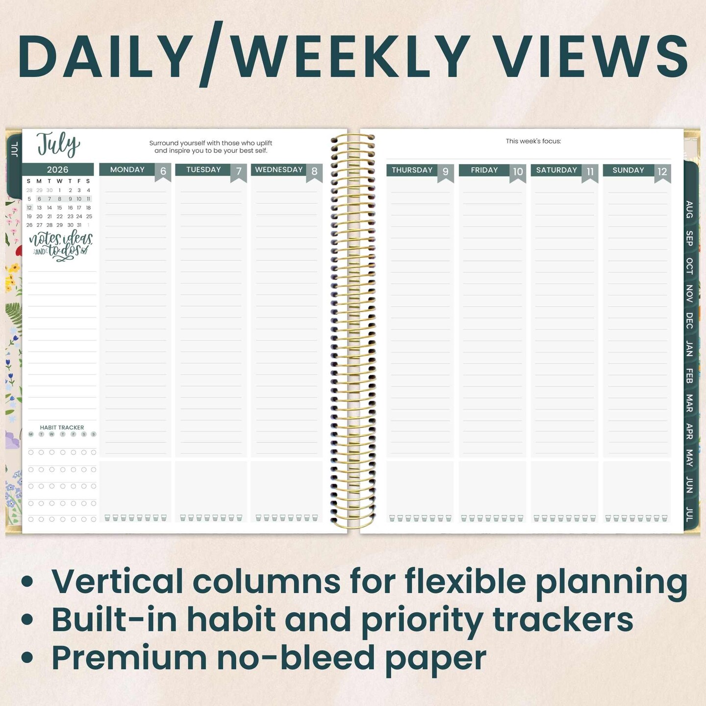 bloom daily planners 2026–2027 Academic Vision Planner, 13-Month Monthly & Weekly Hard Cover, 7.5" x 9", Garden Party