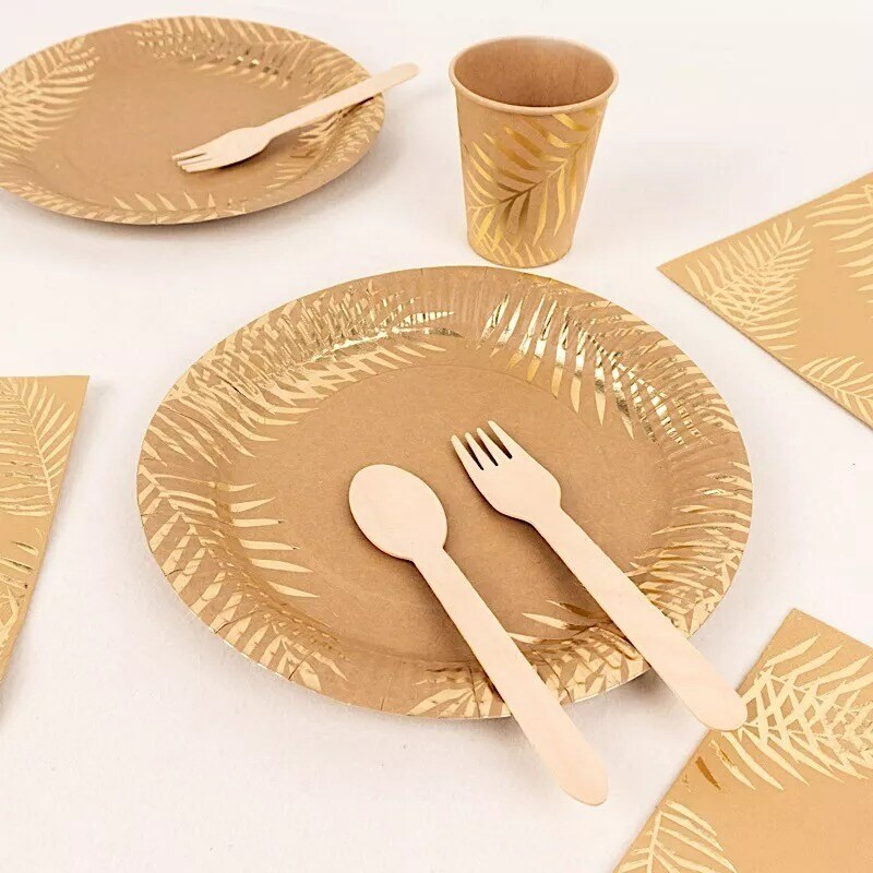 72 Natural Disposable Paper Tableware Set Gold Palm Leaves Print Party Events