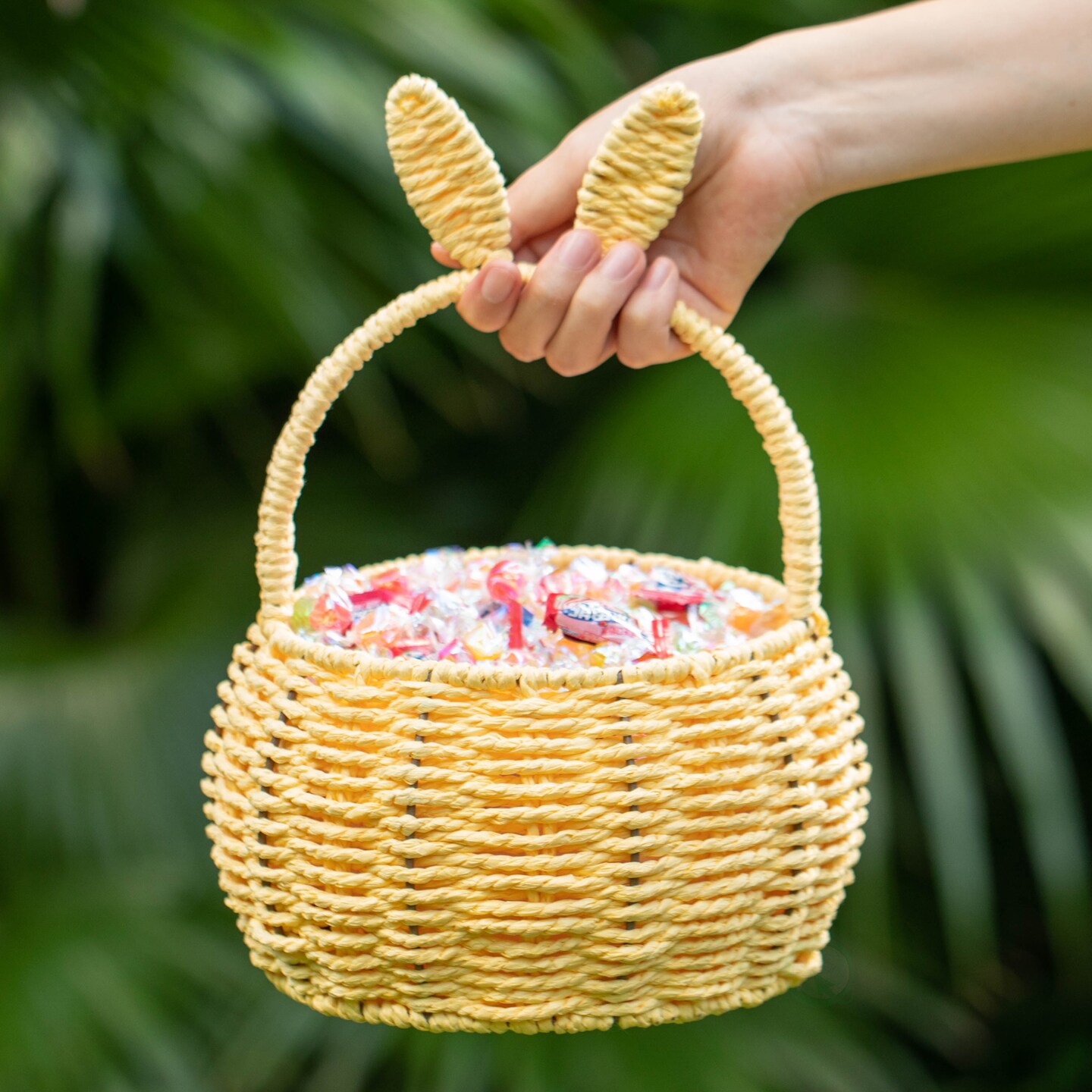 Wickerwise Hand-Woven Easter Bunny Ear Basket with Handle &#x2013; Multi-Purpose Paper Rope Wicker Basket for Easter Egg Hunts, Picnics, Flower Arrangements, Food Storage, Party, and Home Decor