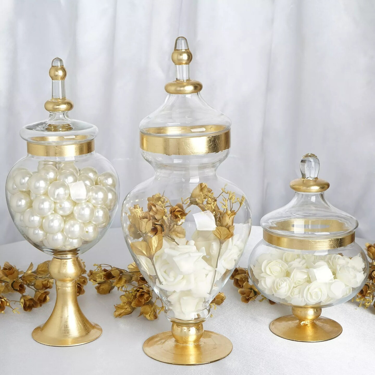 Gold Trim Glass Apothecary Jars with Lids Holders