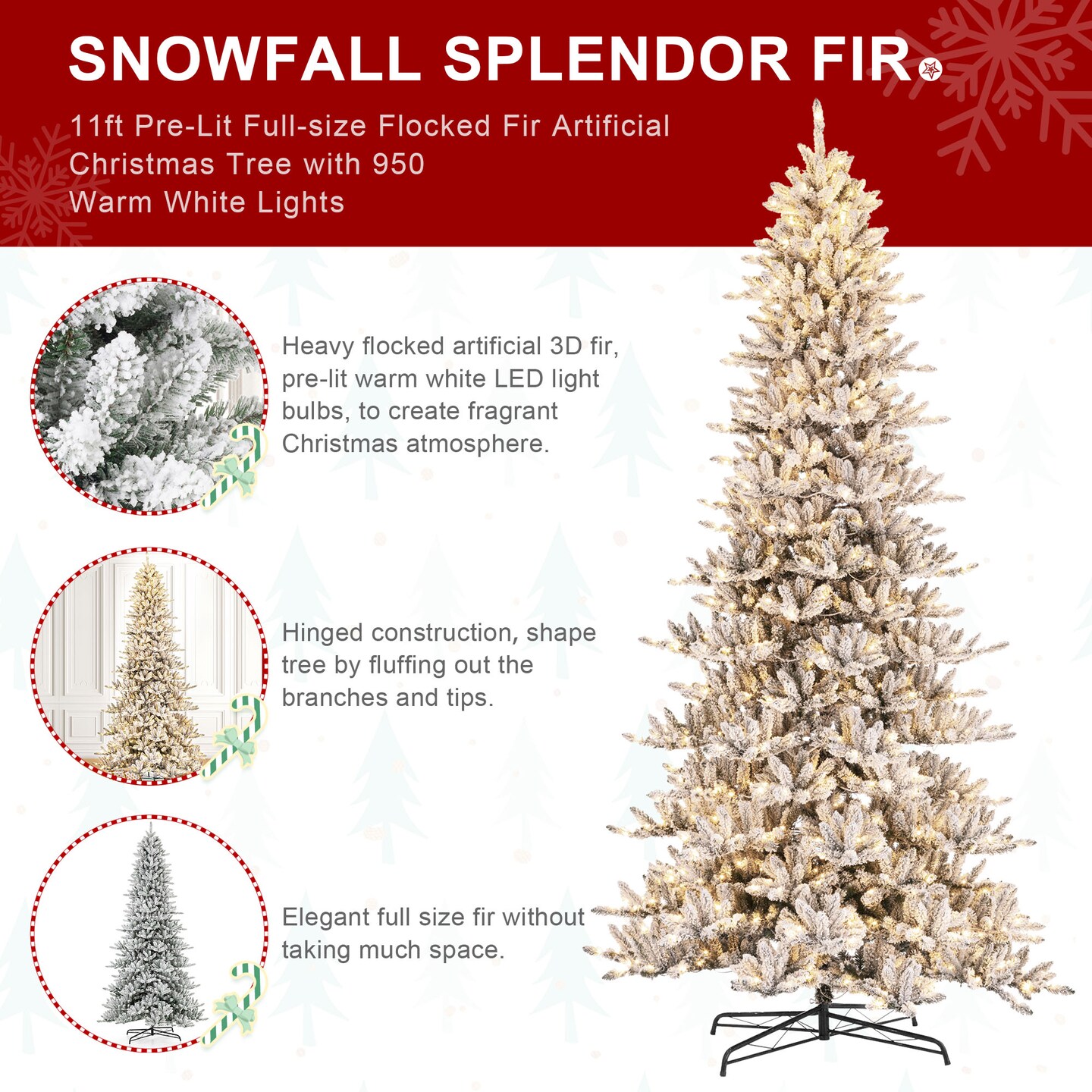 11FT/10FT Pre-Lit Full-size Flocked Fir Artificial Christmas Tree With Warm White Lights, With Remote Control