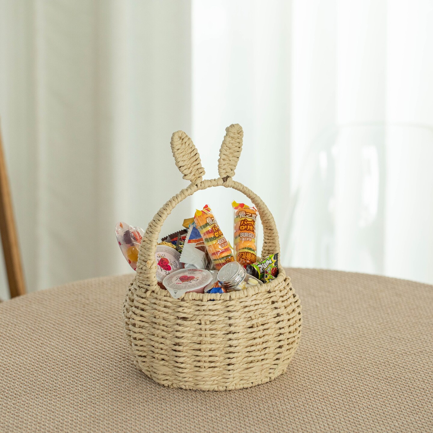 Wickerwise Hand-Woven Easter Bunny Ear Basket with Handle – Multi-Purpose Paper Rope Wicker Basket for Easter Egg Hunts, Picnics, Flower Arrangements, Food Storage, Party, and Home Decor