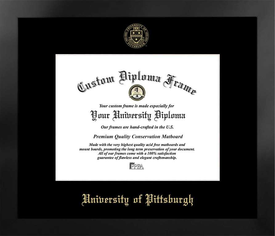 University of Pittsburgh 11w x 8.5h Manhattan Black Single Mat Gold Embossed Diploma Frame with Bonus Campus Images Lithograph (value savings at $59)