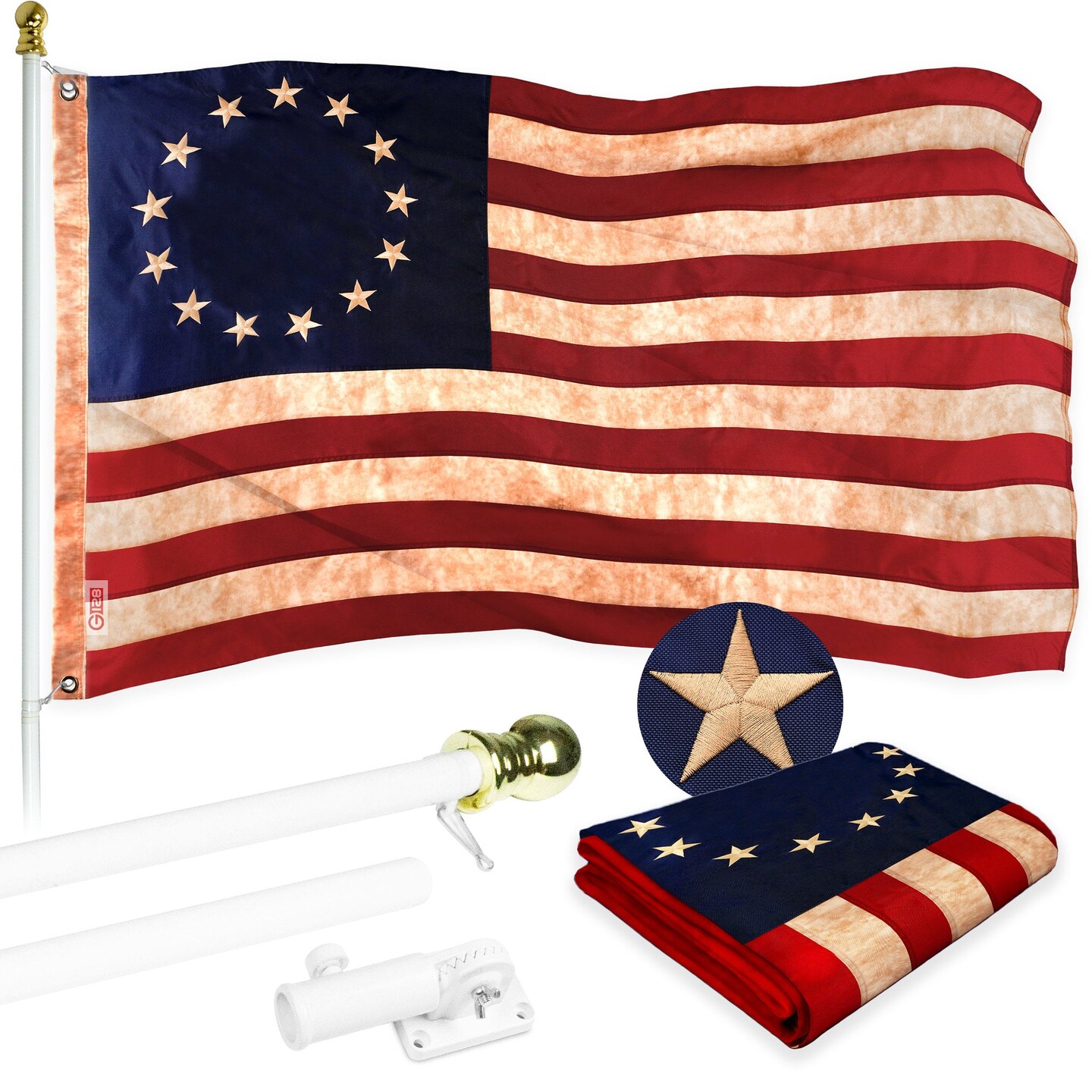 G128 Combo Pack: 5 Ft Tangle Free Aluminum Spinning Flagpole (White) &#x26; Betsy Ross Tea-Stained Flag 2.5x4 Ft, ToughWeave Pro Series Embroidered 420D Polyester | Pole with Flag Included