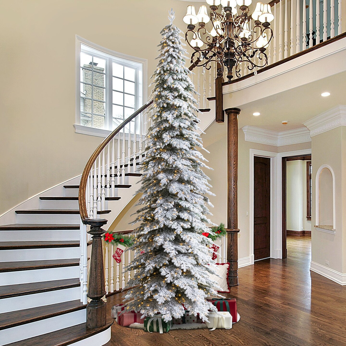 15FT Pre-Lit Flocked Pencil Spruce Artificial Christmas Tree With Warm White Lights, With Remote Control