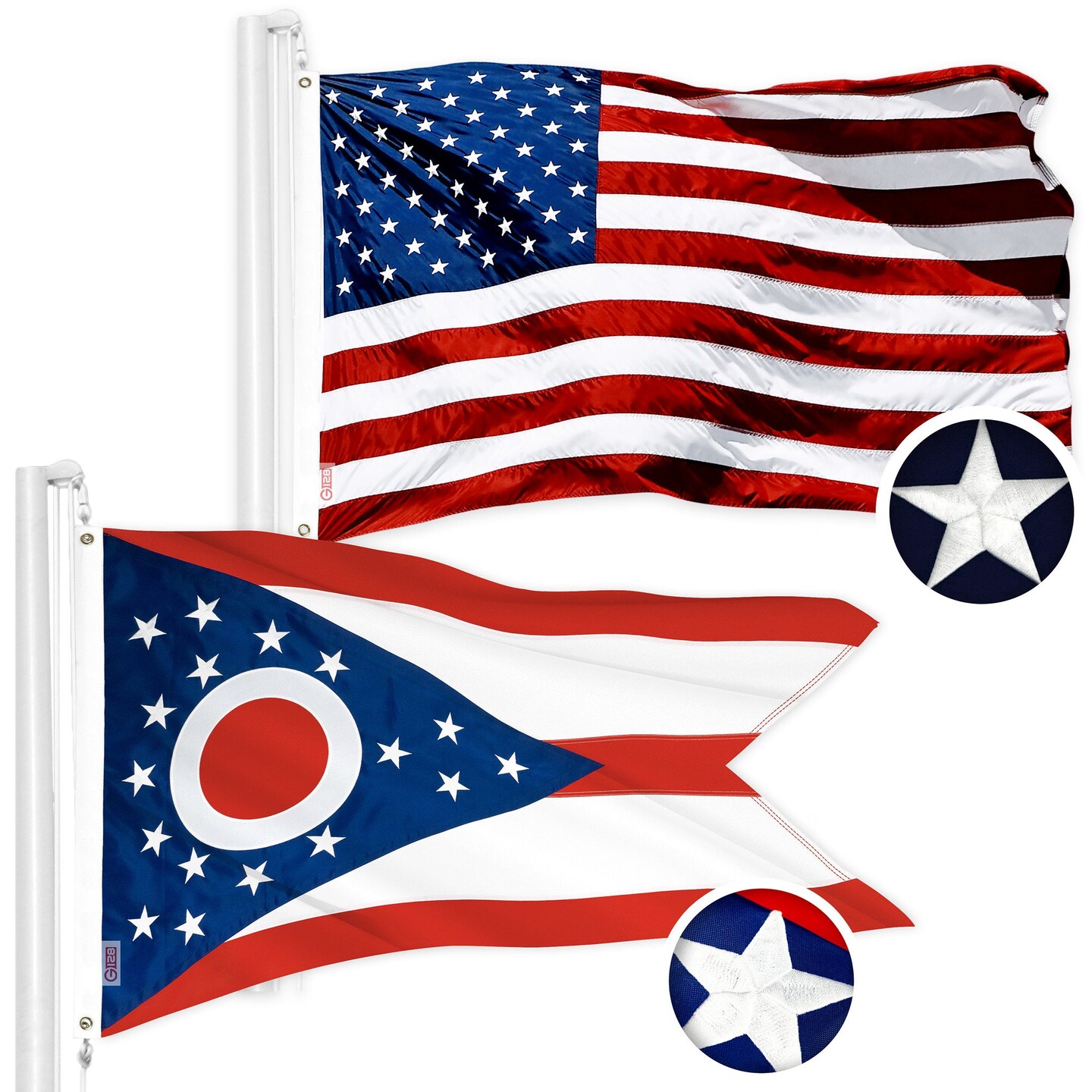 G128 Combo Pack: American USA Flag 2.5x4 Ft &#x26; Ohio OH State Flag 2.5x4 Ft | Both ToughWeave Series Embroidered Polyester, Embroidered Design, Indoor/Outdoor, Brass Grommets