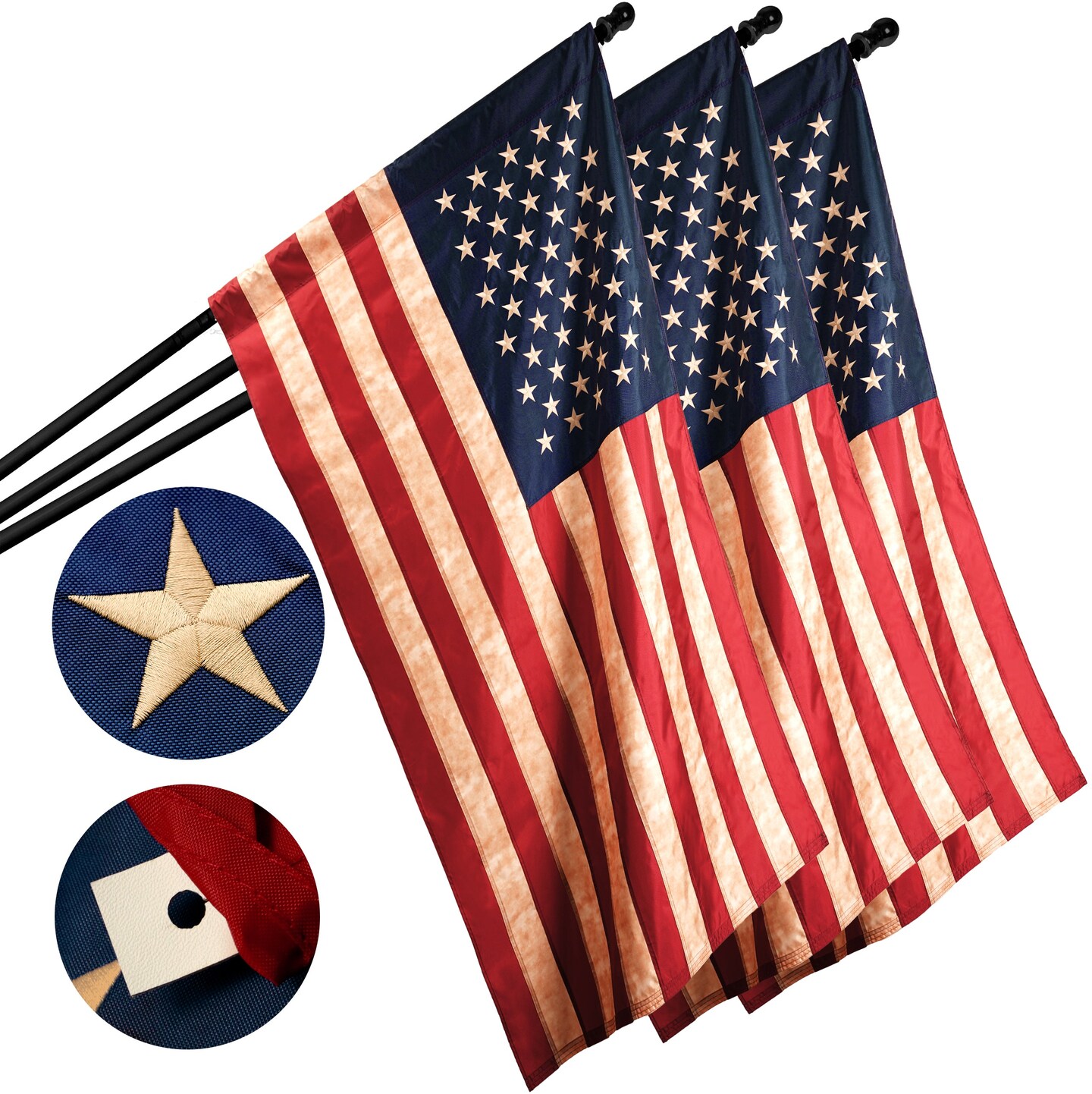 G128 3 Pack: American USA Tea-Stained Flag | 3x5 Ft | ToughWeave Pro Series Pole Sleeve Embroidered 420D Polyester | Embroidered Stars
