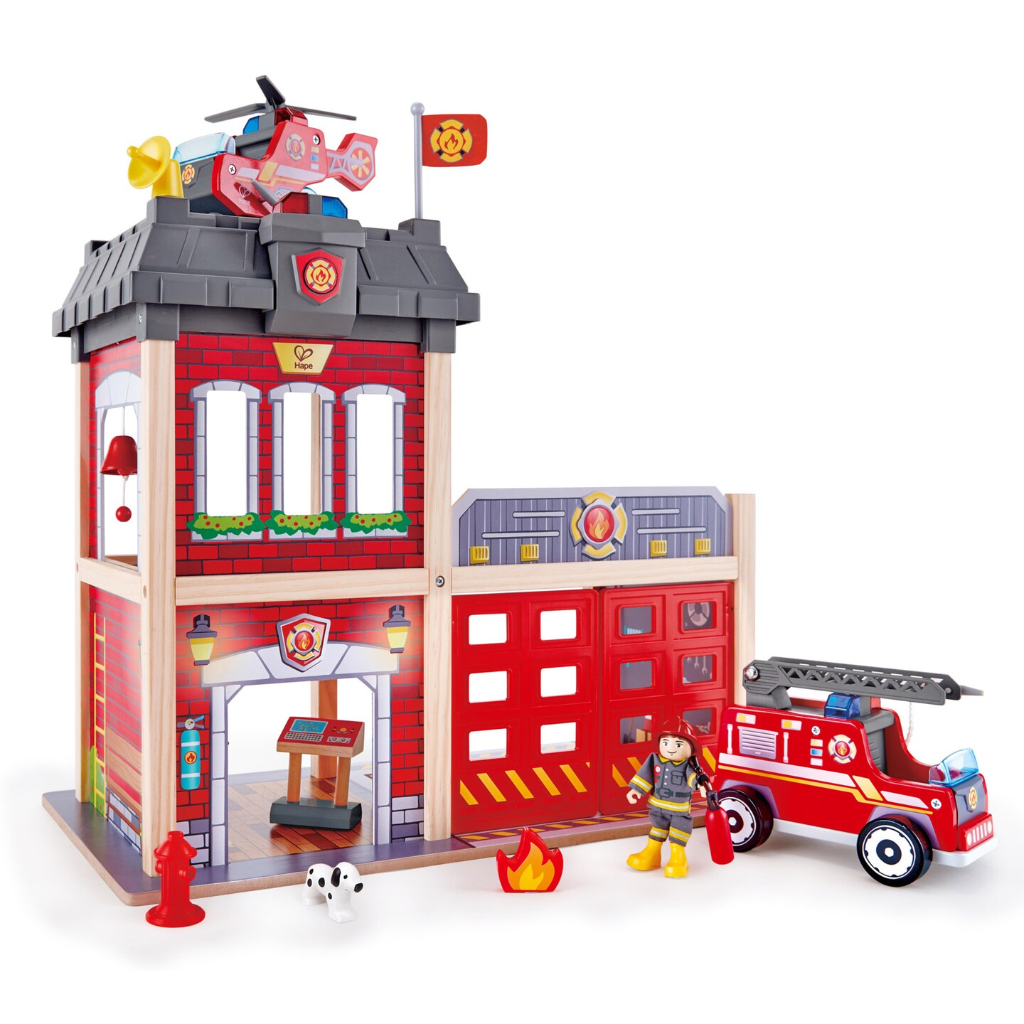 Hape City Fire Station Dollhouse Wooden Playset, Lights &#x26; Sounds, 13 Pieces
