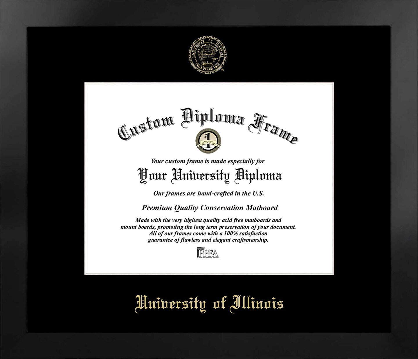University of Illinois, Urbana-Champaign 11w x 8.5h Manhattan Black Single Mat Gold Embossed Diploma Frame with Bonus Campus Images Lithograph (value savings at $59)