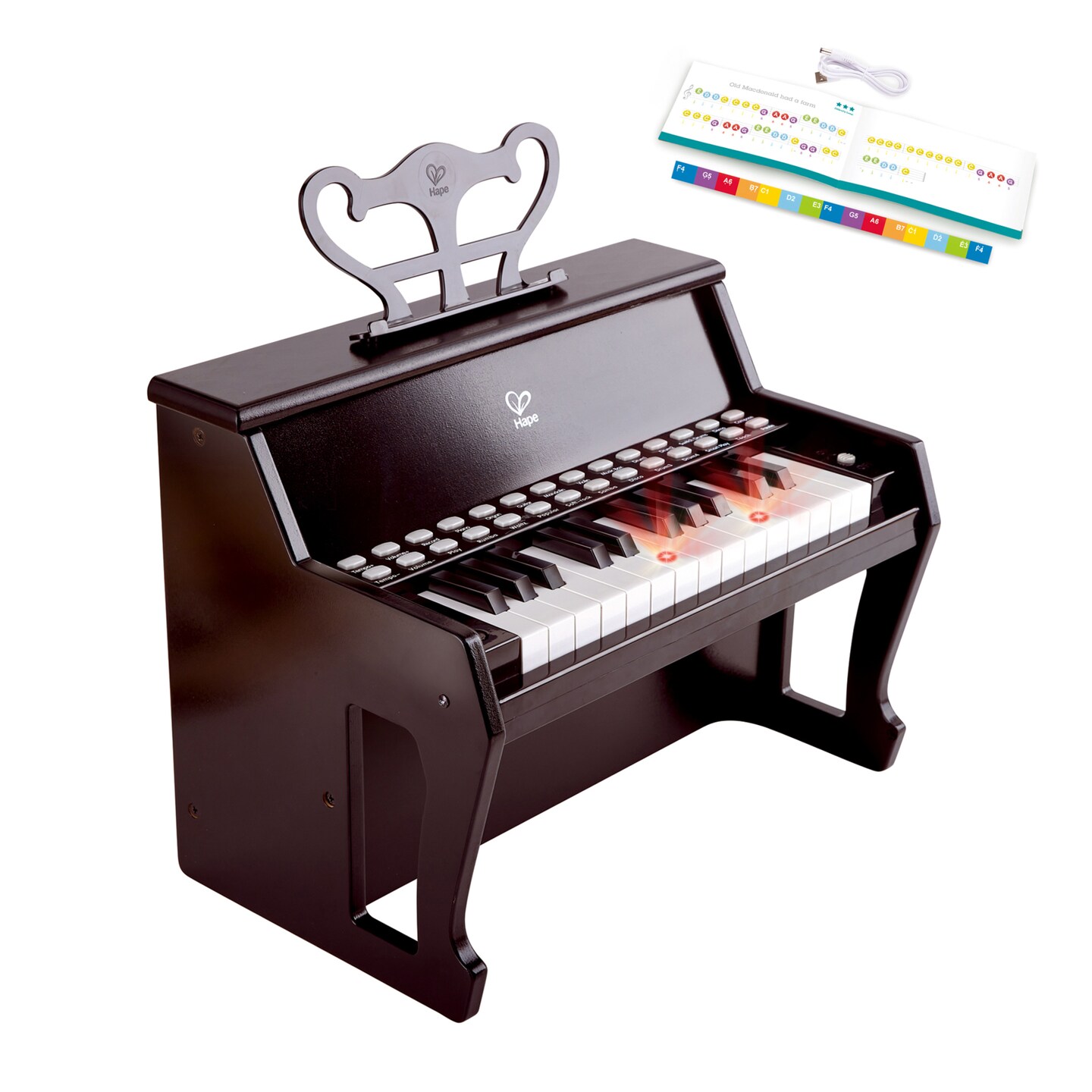 Hape Learn With Lights: Electronic Piano - Black - Kids Musical Instrument, USB or Battery Powered, 25 Key, Record Function, Toddler &#x26; Kid Ages 3+