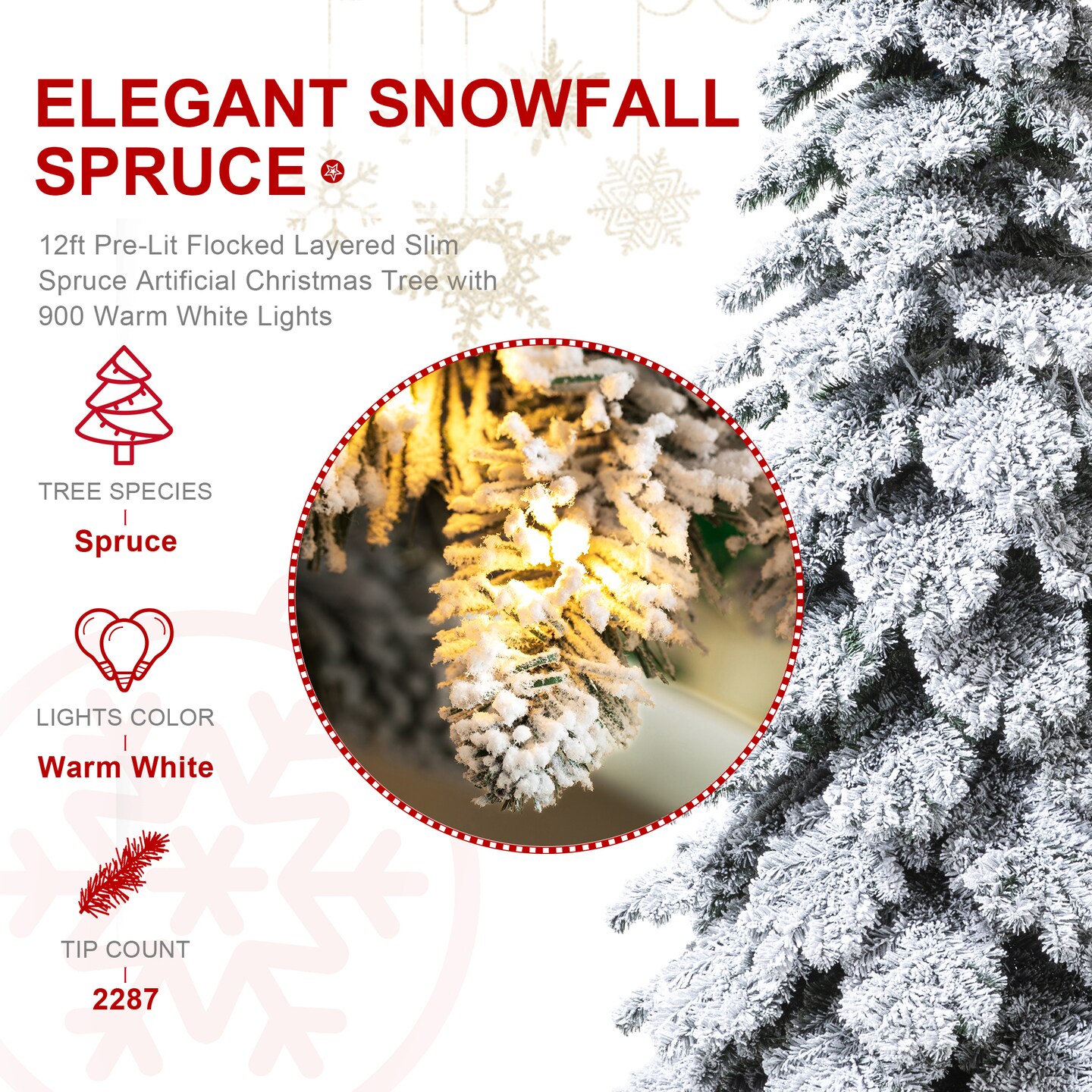 12FT Pre-Lit Flocked Layered Slim Spruce Artificial Christmas Tree With Warm White Lights