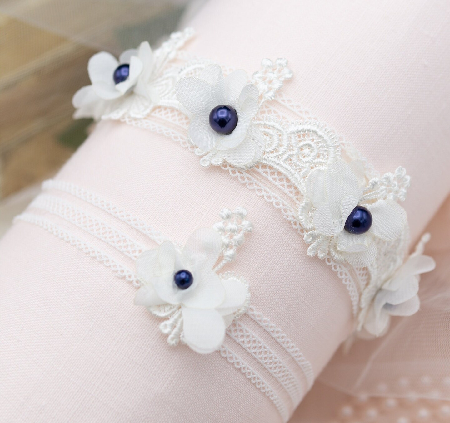 Navy Blue Wedding Flower Lace Garter Set, Bride Classic Garter Set, Blue Bridal Navy Blue Garter Set, Navy Blue Wedding