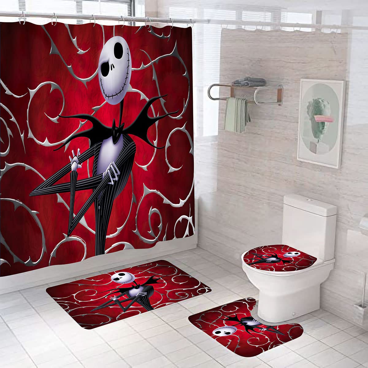 DDS-DUDES 4Pcs Nightmare Before Christmas Zombie Bride Jack Shower Curtain Sets Kids Bathroom Halloween Decor with 12 Curtain Hooks for Bathroom  Waterproof 71 x 71 inch (D12)