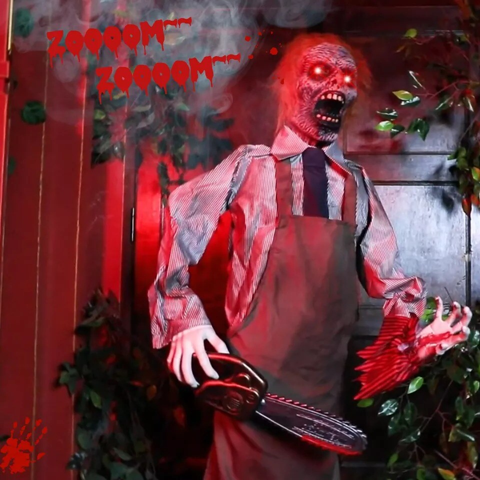5.7FT Halloween Outdoor Spooky Decoration Talking Chainsaw Man, Glowing Eyes
