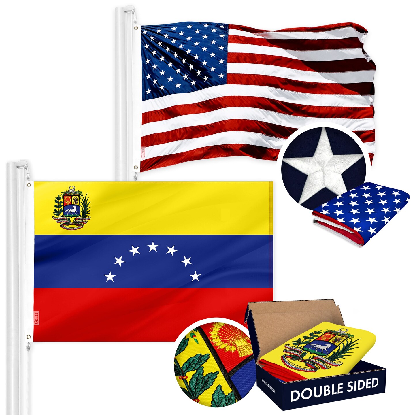 G128 Combo Pack: American USA Flag ToughWeave Series 3x5 Ft Single Sided &#x26; Venezuela 7 Stars Venezuelan Flag Double Sided 3x5 Ft Double ToughWeave Series | Both Embroidered Polyester, Brass Grommets