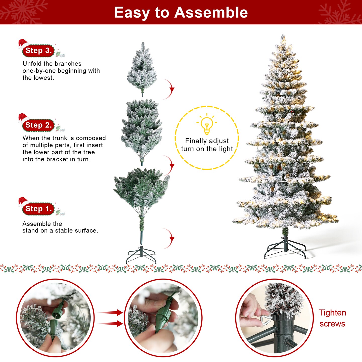 7.5FT/9FT Pre-Lit Flocked Slim Spruce Artificial Christmas Tree with 320/460 Warm White Lights,3 Function