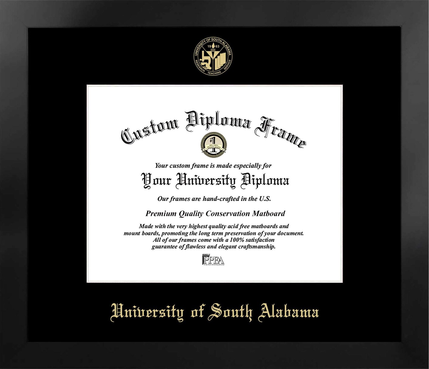 University of South Alabama 11w x 8.5h Manhattan Black Single Mat Gold Embossed Diploma Frame with Bonus Campus Images Lithograph (value savings at $59)