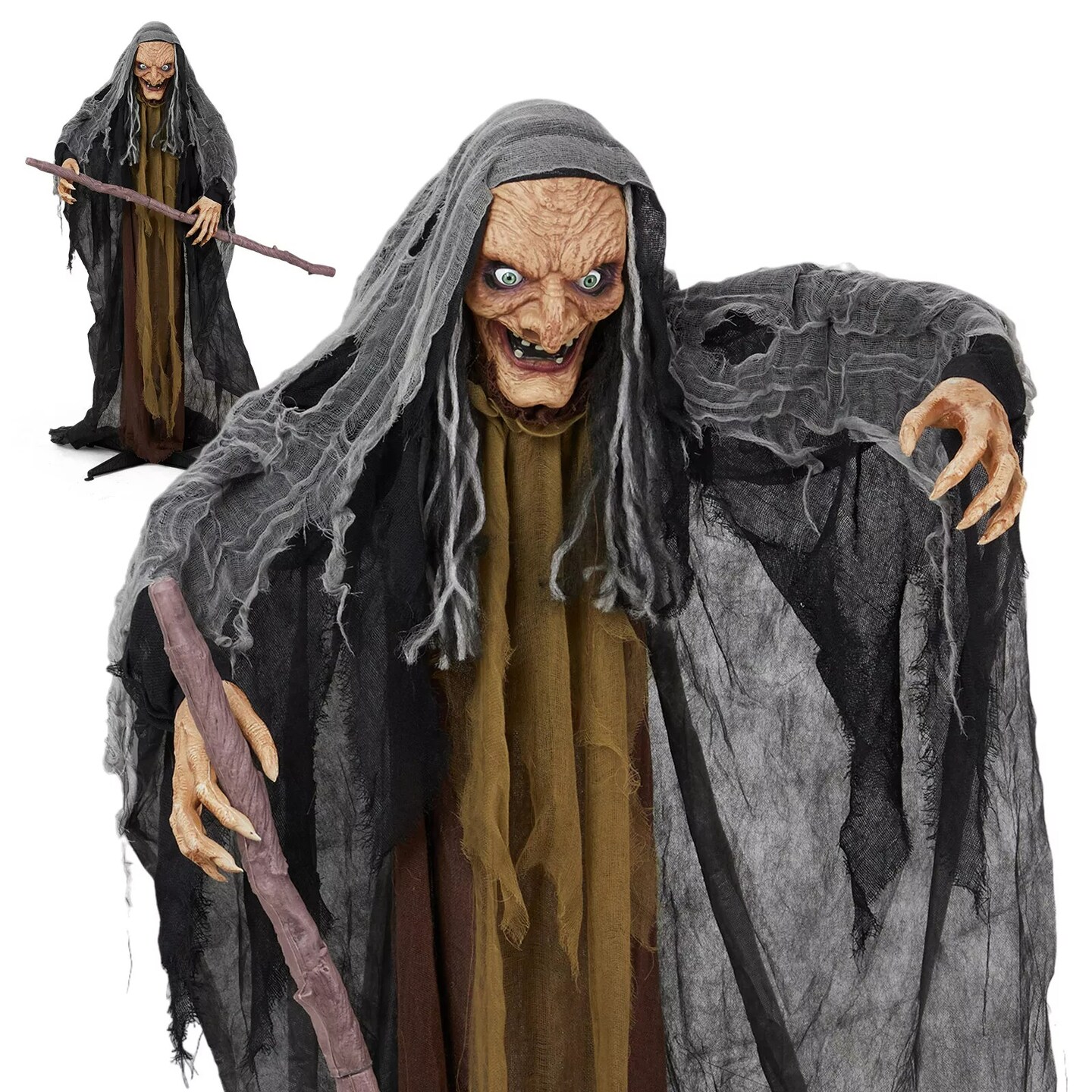 5.3FT Halloween Outdoor Spooky Decoration Talking Witch with Cane Glowing Eyes
