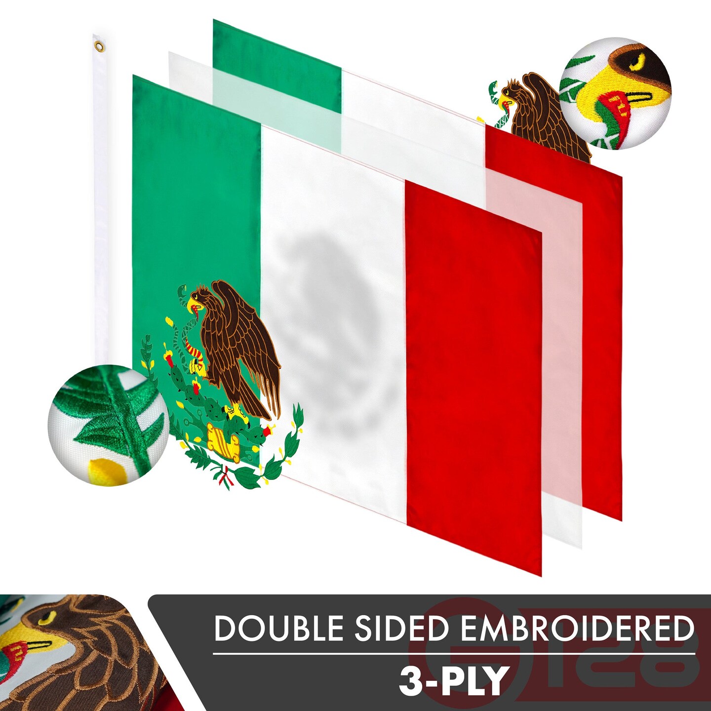 G128 Mexico Mexican Flag | 2.5x4 Ft | Double ToughWeave Series Double Sided Embroidered 210D Polyester | Country Flag, Embroidered Design, Indoor/Outdoor, Brass Grommets, Heavy Duty, 3-ply