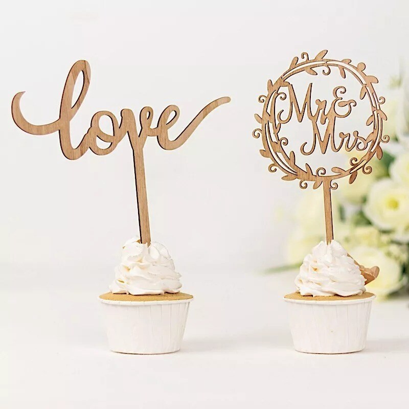 2 Natural Wooden Mr &#x26; Mrs and Love Wedding Cake Toppers Party Events Decorations