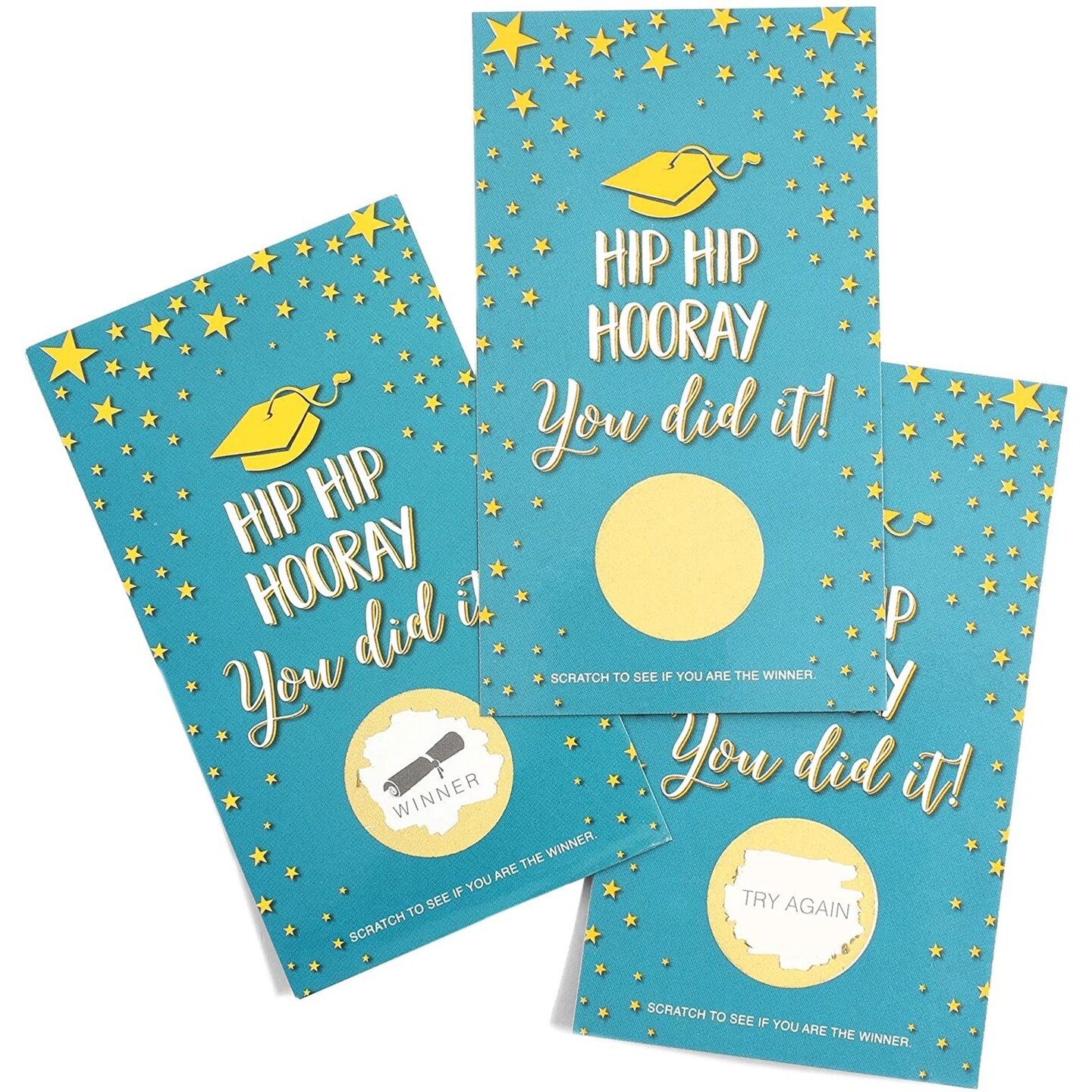 60 Pack, Hip Hip Hooray You Did It Graduation Party Game Scratch-Off Cards 3.5 x 2 inches, Blue