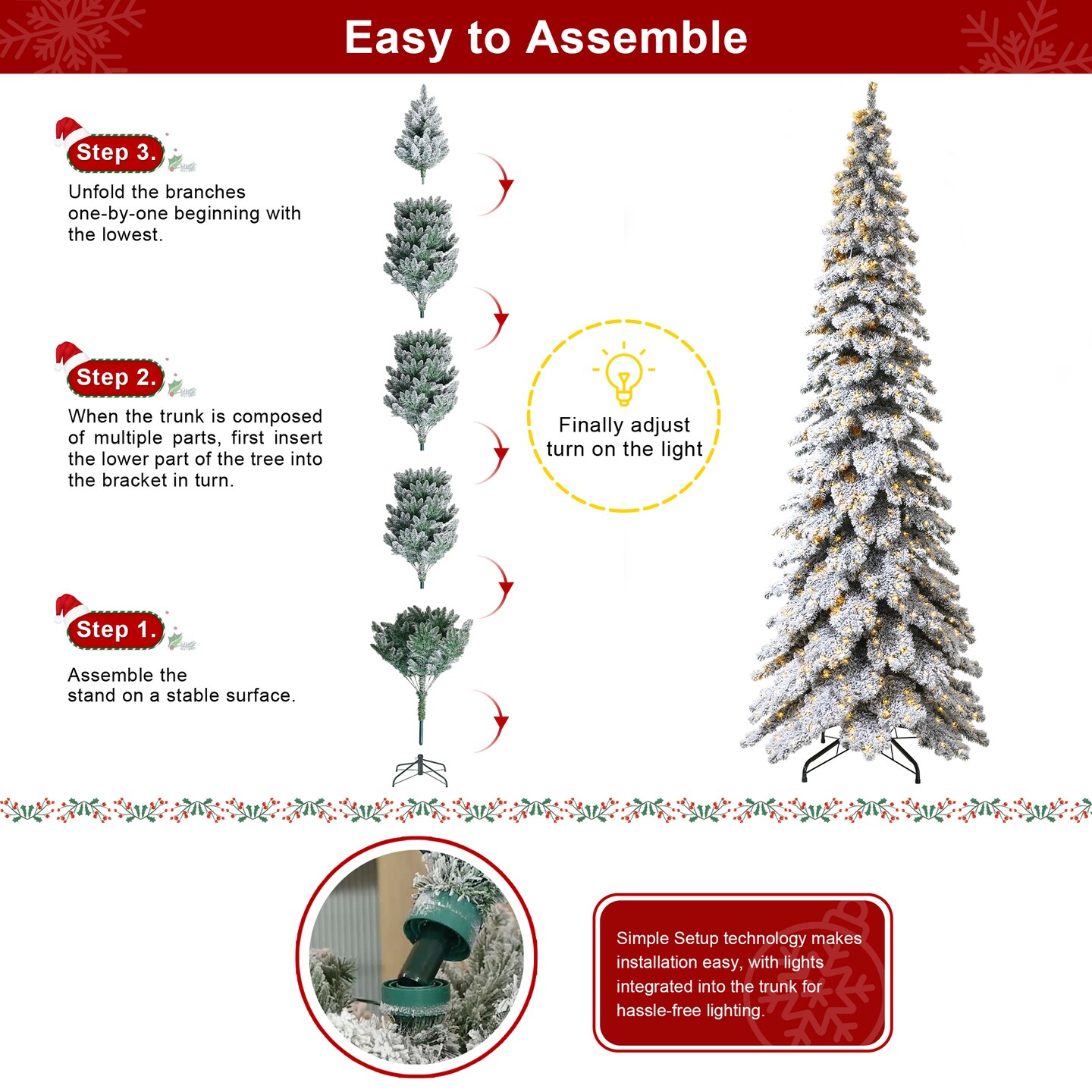 12FT Pre-Lit Flocked Layered Slim Spruce Artificial Christmas Tree With Warm White Lights