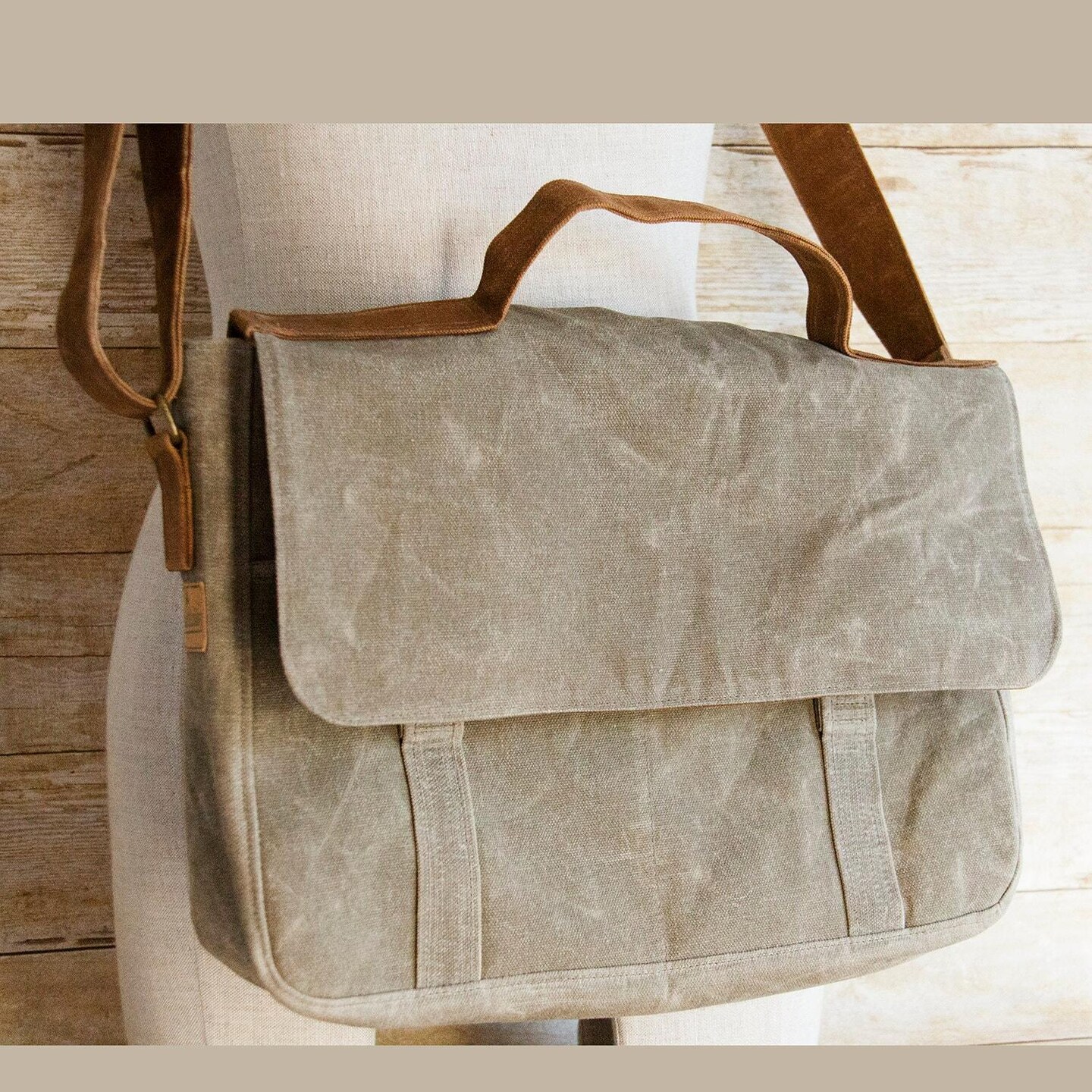 Crossbody waxed canvas messenger bag, minimalist, boho, vegan leather,  Womens Workbag, Unisex computer bag for laptops, back to school  MakerPlace by