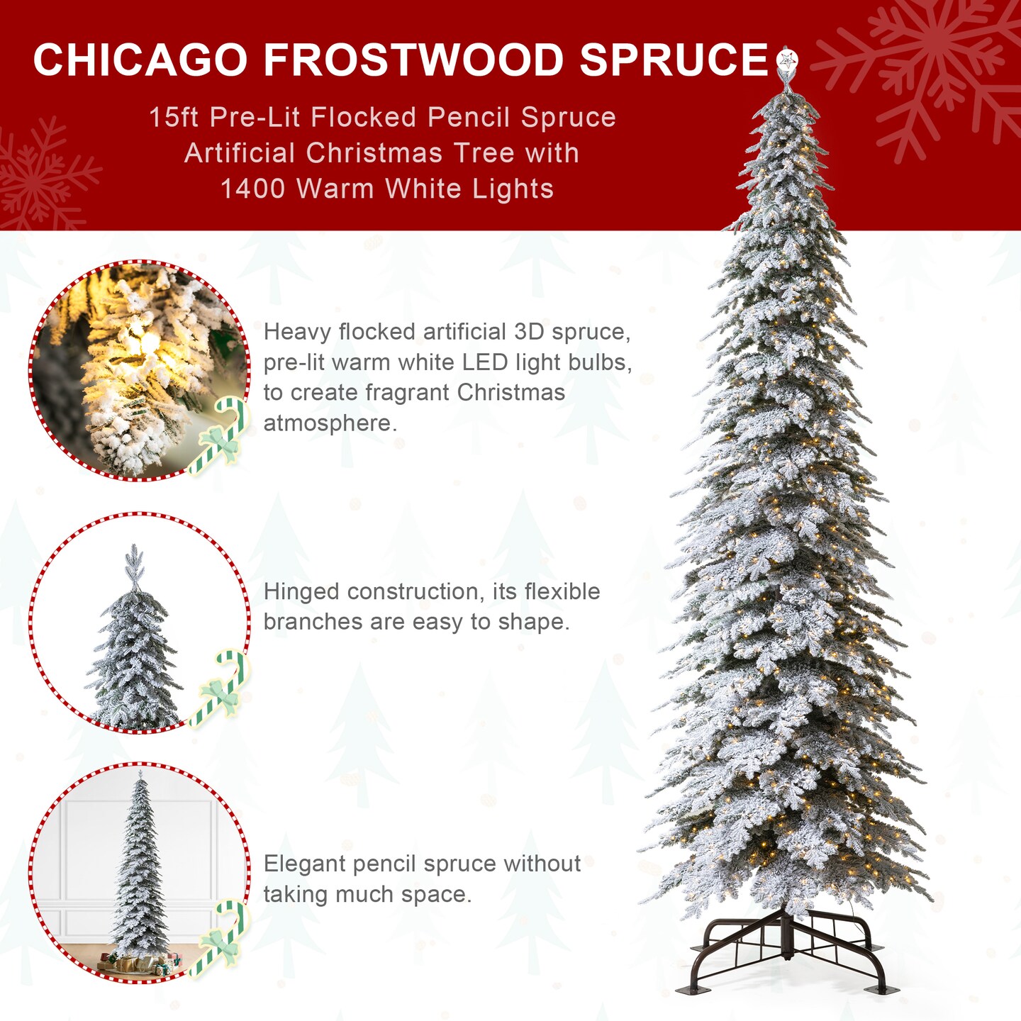 15FT Pre-Lit Flocked Pencil Spruce Artificial Christmas Tree With Warm White Lights, With Remote Control