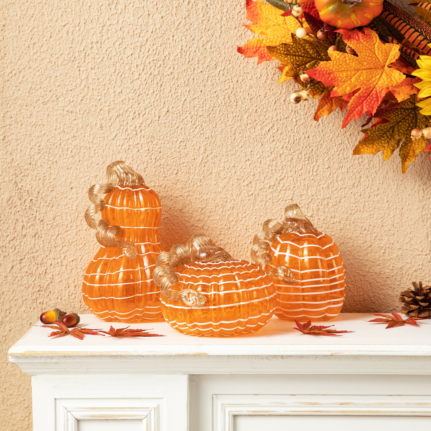 S/3 Orange/White Lines Glass Fall &#x26; Thanksgiving Pumpkin &#x26; Gourd