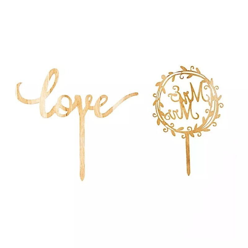 2 Natural Wooden Mr &#x26; Mrs and Love Wedding Cake Toppers Party Events Decorations