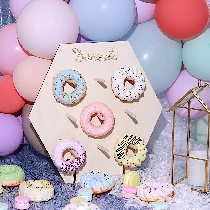 13&#x22; Natural Donut Wall Display Stands Hexagon Wooden Board Party Decorations