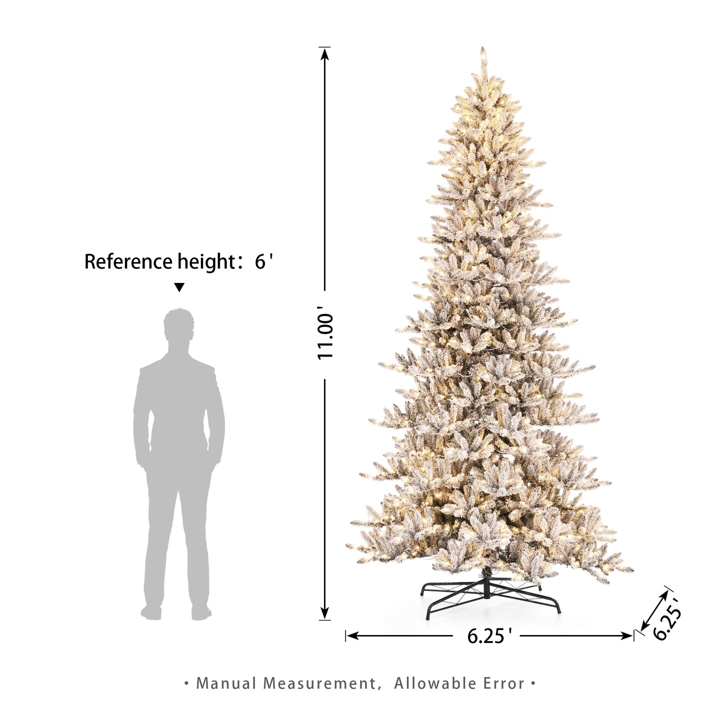 11FT/10FT Pre-Lit Full-size Flocked Fir Artificial Christmas Tree With Warm White Lights, With Remote Control