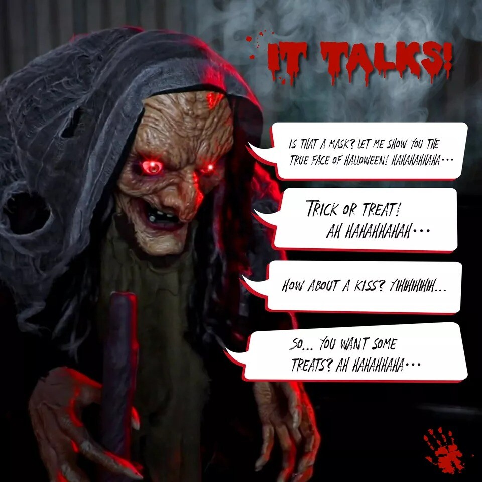 5.3FT Halloween Outdoor Spooky Decoration Talking Witch with Cane Glowing Eyes