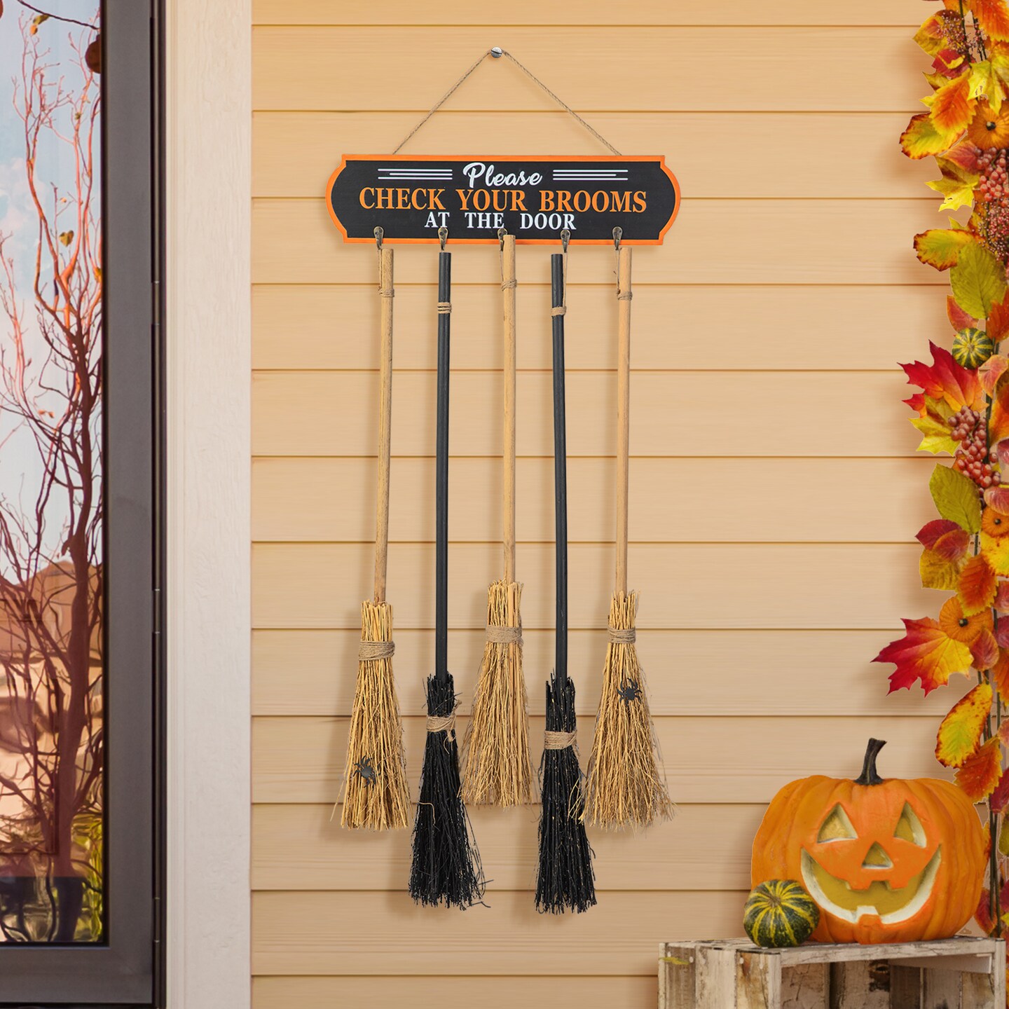 Set of 4 42&#x22;H Halloween Wooden Brooms Parking Porch Decor