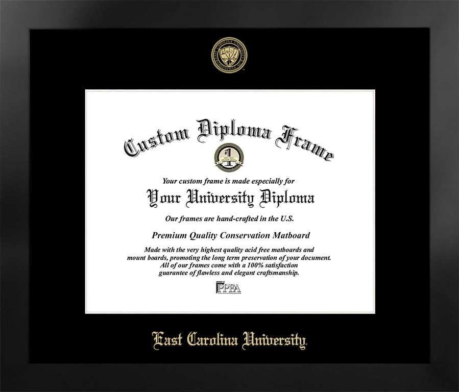 East Carolina University 10.75w x 8.25h Manhattan Black Single Mat Gold Embossed Diploma Frame with Bonus Campus Images Lithograph (value savings at $59)