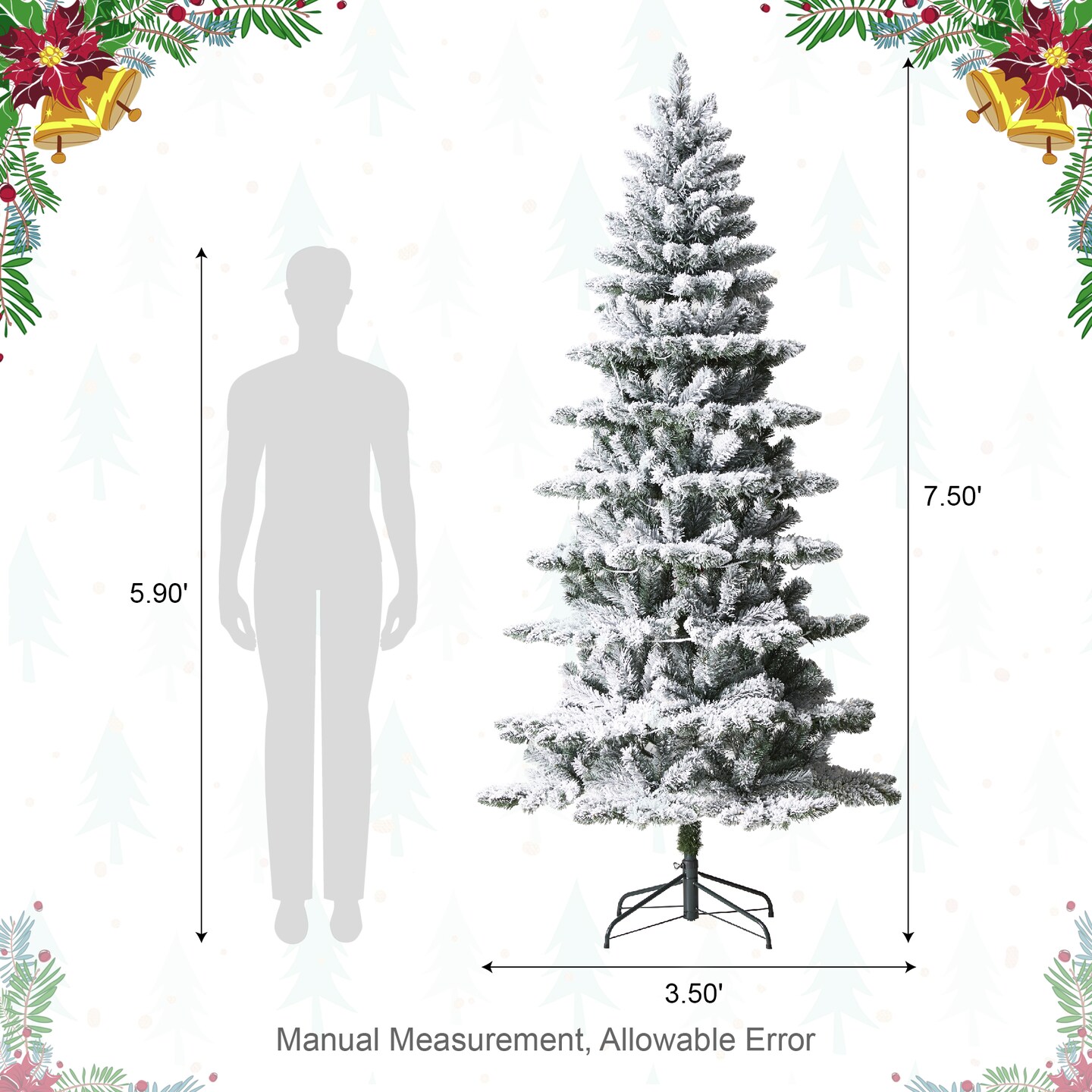 7.5FT/9FT Pre-Lit Flocked Slim Spruce Artificial Christmas Tree with 320/460 Warm White Lights,3 Function