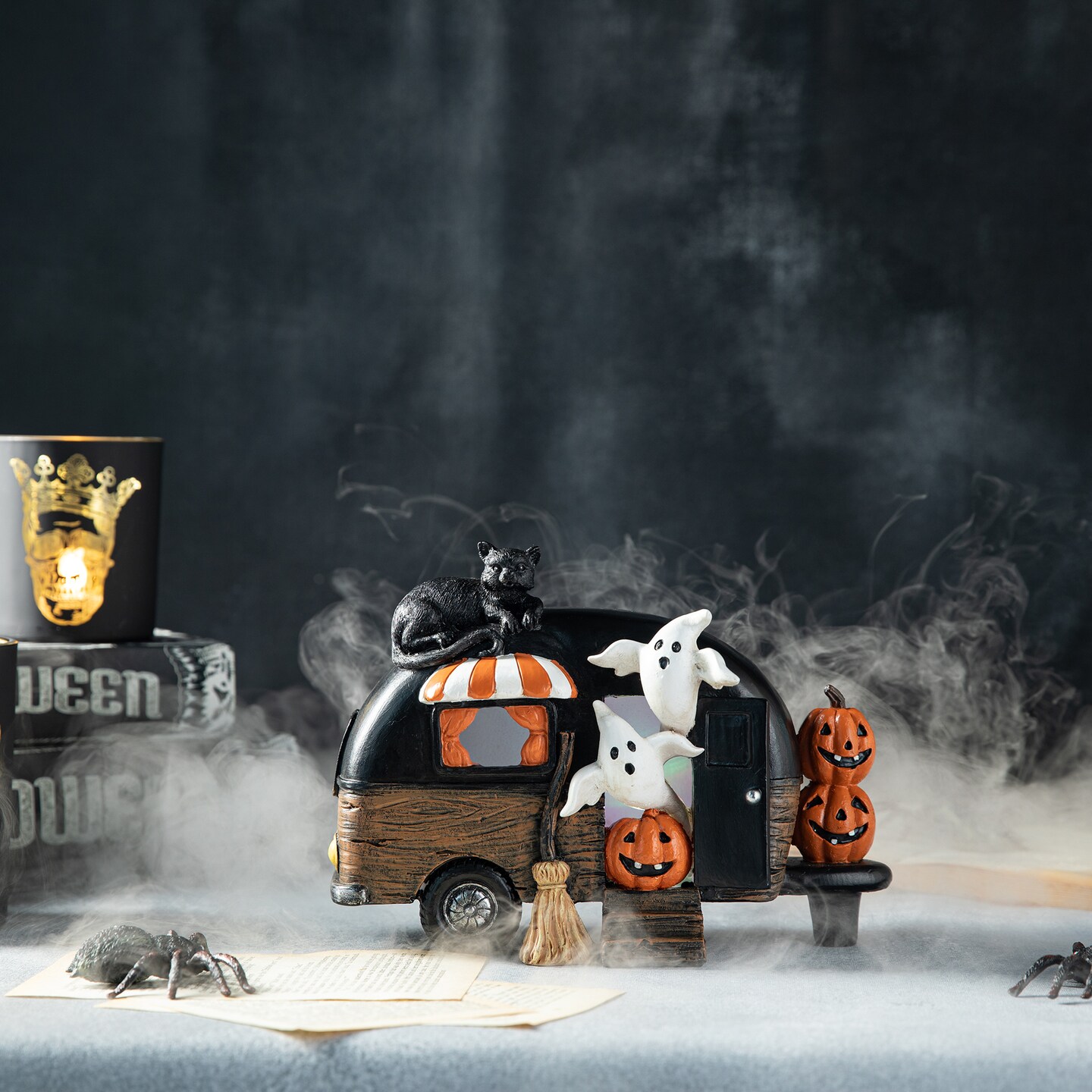 Set of 2 9.25''L Halloween Polyresin Lighted Camper W/Ghost& Pumpkin&Black Cat Table Decor
