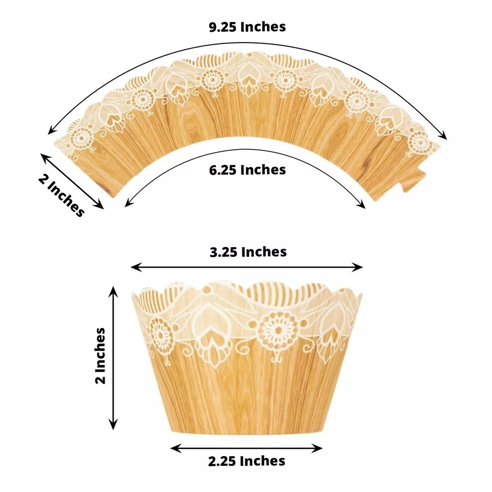 25 Natural White Cupcake Liners Muffin Wrappers Wood Lace Printed Design Party