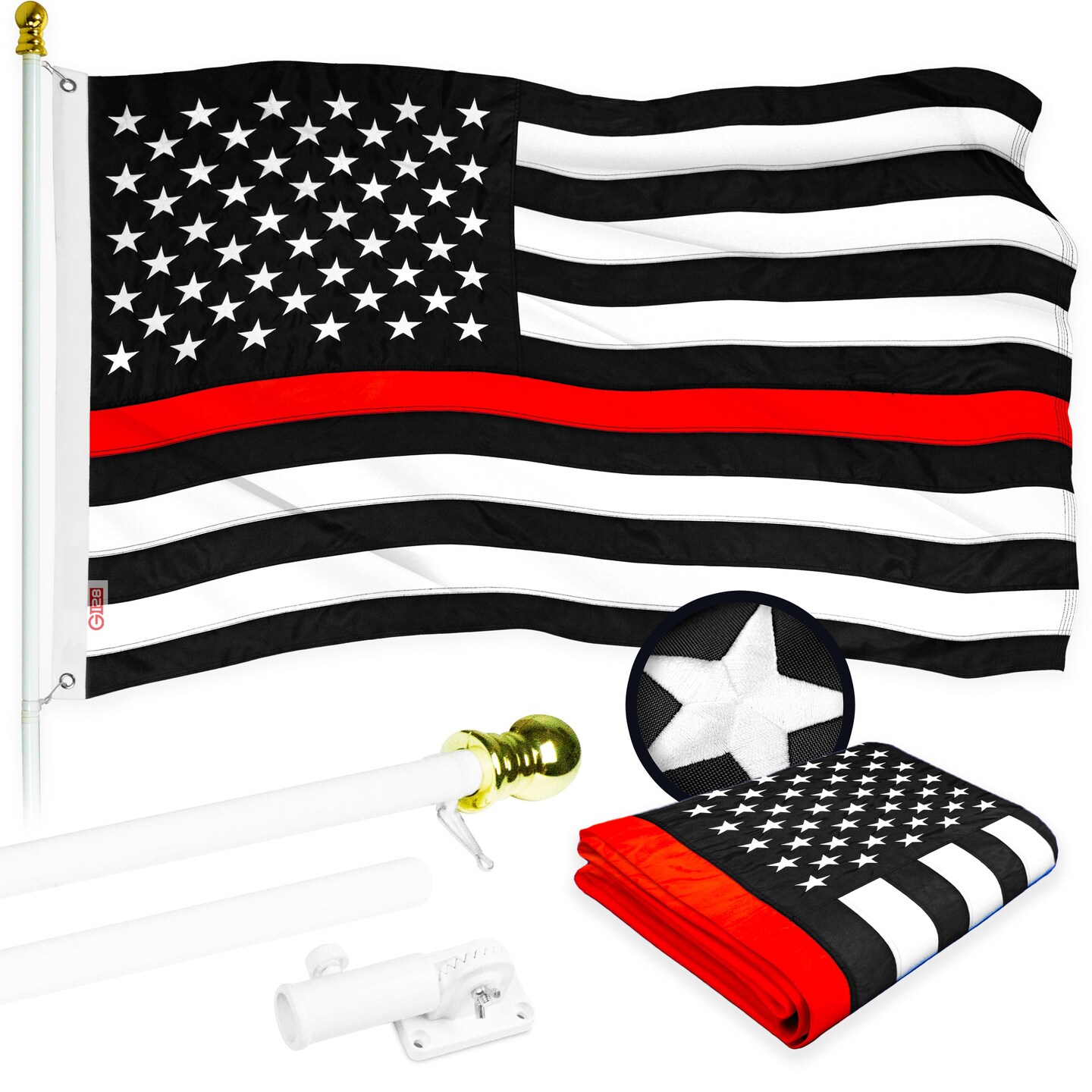 G128 - 6 Feet Tangle Free Spinning Flagpole (White) Thin Red Flag Brass Grommets Embroidered 3x5 ft (Flag Included) Aluminum Flag Pole