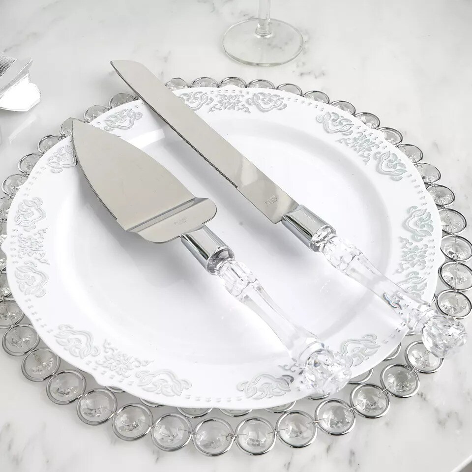 Silver Clear Knife and Server Crystal Handles Cake Serving Set Wedding Tableware