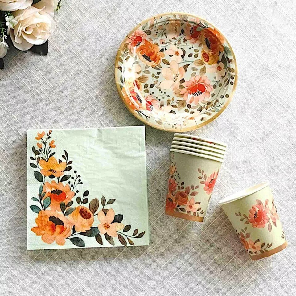 72 Sage Green Disposable Dinnerware Set with Pink Floral Print Party Events