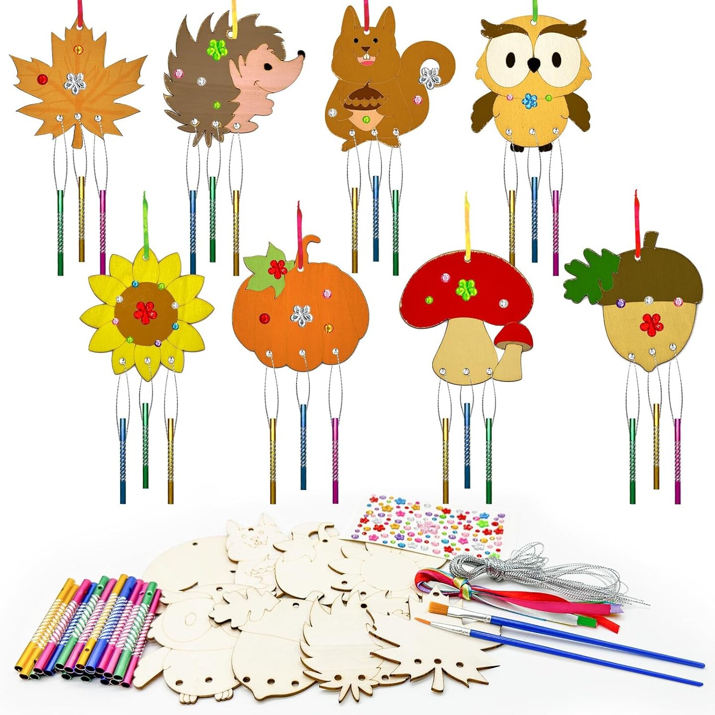 16 Pack Fall Wind Chime Kit for Kids Thanksgiving Wooden Paint Arts(COLORFUL)4 x 4 x 2 inches