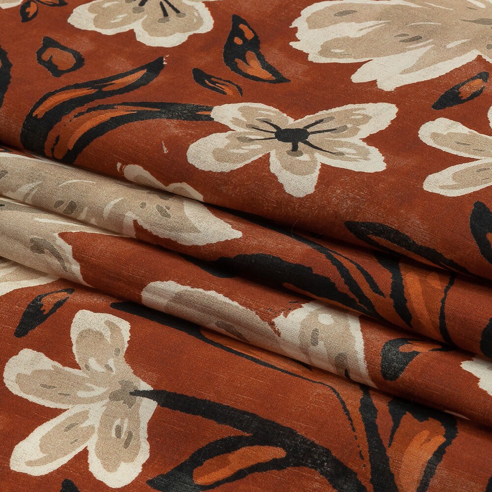 1 Yard Cotton Voile Burnt Orange Painterly Floral Wildflower Walk Print Fabric