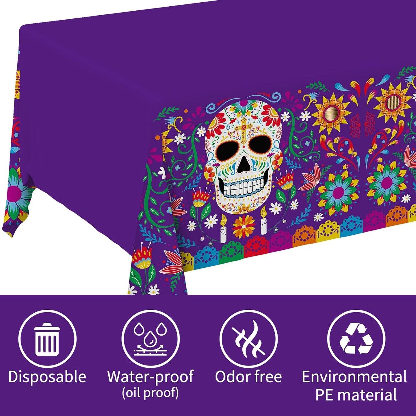 Day of The Dead Sugar Skull Tablecloth (Multi Color) 108&#x22;L x 54&#x22;W
